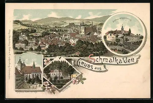Lithographie Schmalkalden, Gasthof Waldhaus, Schloss Wilhelmsburg, Rathaus, Adler, Kirche