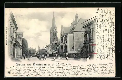 AK Hattingen a. d. R., Strassenpartie mit Kirche