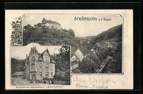 AK Schönberg a. d. Bergstrasse, Restaurant zur Herrenmühle Heinrichspahn, Ortspartie