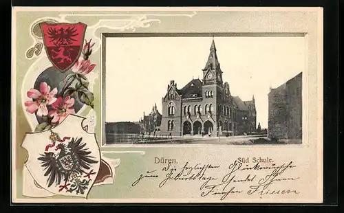 Passepartout-Lithographie Düren, Süd-Schule, Wappen