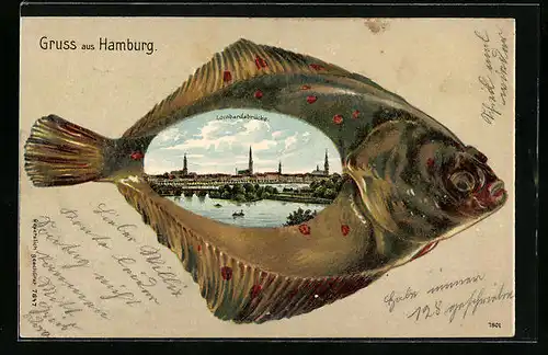 Passepartout-Lithographie Hamburg-Neustadt, Lombardsbrücke, Ansicht auf Flunder