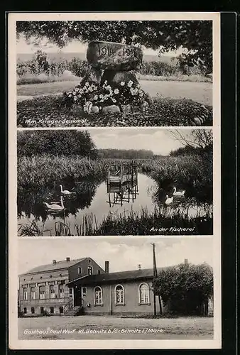 AK Klein Behnitz, Gasthaus Paul Wolf, Kriegerdenkmal, Fischerei