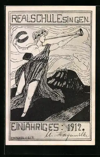 Künstler-AK Singen, Absolvia Einjähriges der Realschule 1912, Fanfarenbläser