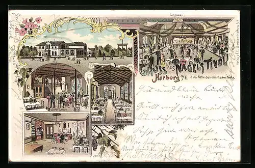 Lithographie Harburg a. E., Etablissement Nagels Tivoli - Gebäude, Tanzsaal, Wintergarten