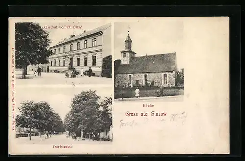 AK Glasow, Kirche, Gasthof H. Giese und Dorfstrasse