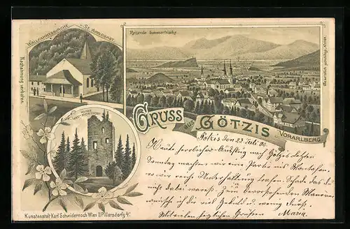 Lithographie Götzis, Reizende Sommerfrische mit Ruine