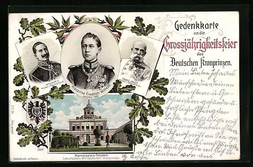 Lithographie Grossjährigkeitsfeier des Deutschen Kronprinzen Friedrich Wilhelm, Kaiser Franz Josef I. von Österreich