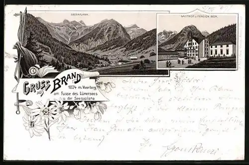 Lithographie Brand am Lünersee, Gasthof und Pension Beck, Blick auf Seesaplana