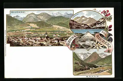 Lithographie Bludenz, Ortsansicht gegen das Gebirge, Lünersee, Brand