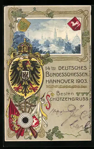 Passepartout-Lithographie Hannover, 14. Deutsches Bundesschiessen 1903, Geprägtes Wappen