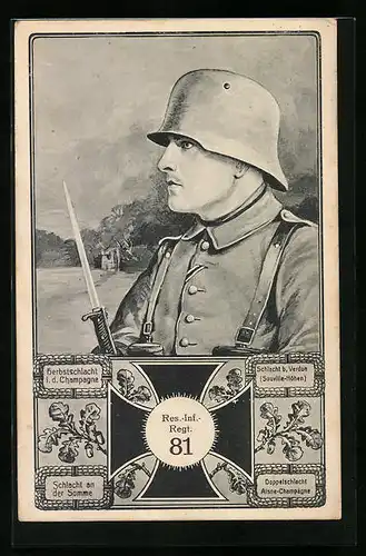 Künstler-AK Soldat des Res.-Inf.-Regt. 81, Herbstschlacht i. d. Champagne, Verdun, Schlacht an der Somme