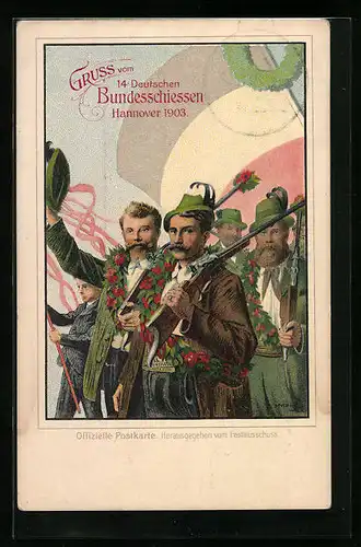 Künstler-AK Ganzsache PP27C17: Hannover, 14. Bundesschiessen 1903 mit entsprechendem Sonderstempel