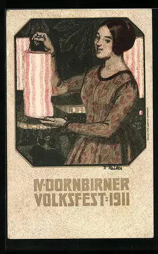 Künstler-AK Dornbirn, IV. Dornbirner Volksfest 1911, Österreicherin mit Himmelslaterne