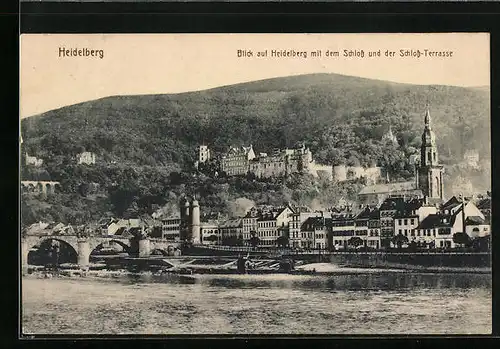 AK Heidelberg, Blick auf den Ort mit dem Schloss und der Schloss-Terrasse