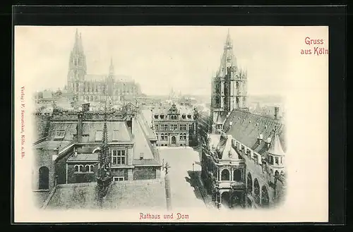 AK Köln, Rathaus und Dom aus der Vogelschau