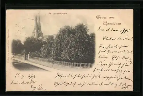 AK Wanzleben, Jacobikirche mit Strasse