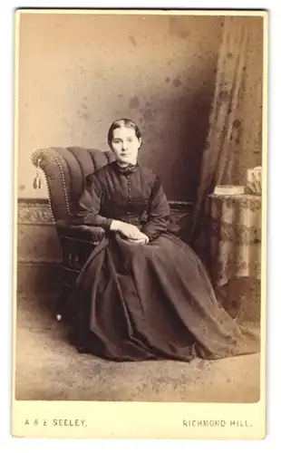 Fotografie A. & E. Seeley, London, junge Engländerin im dunklen Kleid sitzend in einem Sessel