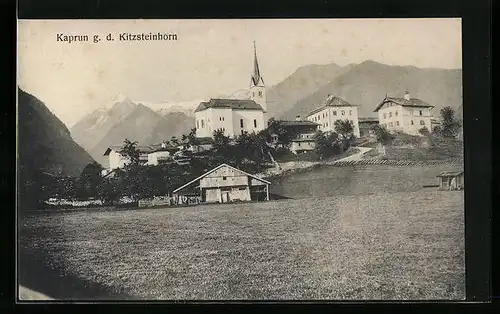 AK Kaprun, Ortsansicht mit Kirche und Blick auf den Kitzsteinhorn