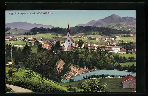 AK Egg, Panorama des Ortes mit Fluss und Bergen