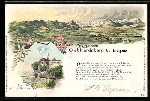 Lithographie Bregenz, Kapelle auf dem Gebhardsberg, Schöner Ausblick