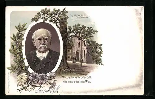 Lithographie Portrait von Bismarck mit Herrenhaus