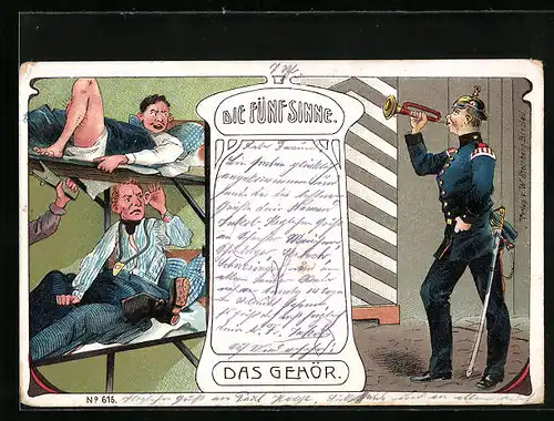 Lithographie Allegorie, Die Fünf Sinne, Das Gehör, Soldat mit Trompete