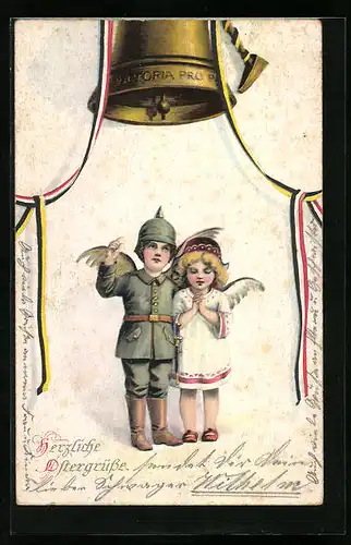 Künstler-AK Ostergrüsse eines kindlichen Soldaten und eines Osterengels mit Farben des Zweibundes