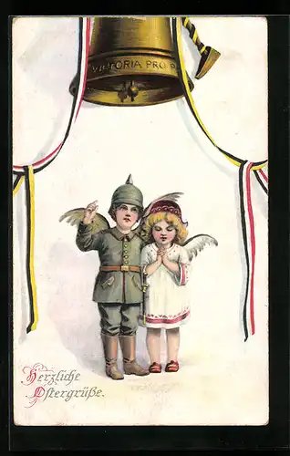 Künstler-AK Ostergrüsse eines kindlichen Soldaten und eines Osterengels mit Farben des Zweibundes