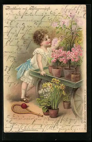 Duft-AK Kleines Mädchen mit Tennisschläger und Blumentöpfen