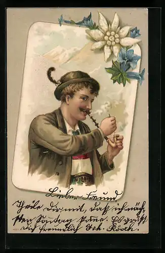 Lithographie Rauchender Bergsteiger im Gebirge