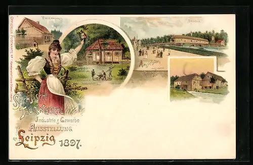 Lithographie Leipzig, Sächsisch-Thüringische Industrie- & Gewerbe-Ausstellung 1897, Thüringer Waldhütte, Bauernhaus