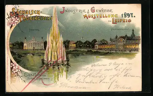 Lithographie Leipzig, Sächsisch-Thüringische Industrie- & Gewerbe-Ausstellung 1897, Hauptrestaurant u. Theater bei Nacht