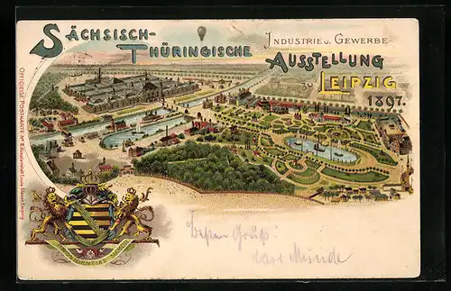Lithographie Leipzig, Sächsisch-Thüringische Industrie- & Gewerbe-Ausstellung 1897, Ausstellungsgelände mit Park