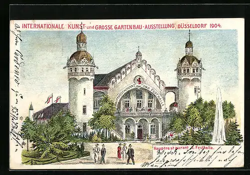 Lithographie Düsseldorf, Internationale Kunst- und Grosse Gartenbau-Ausstellung 1904, Hauptrestaurant u. Festhalle