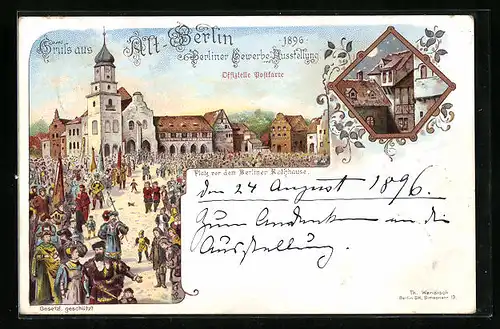Lithographie Berlin, Berliner Gewerbe-Ausstellung 1896, Platz vor dem Berliner Rathaus, Ortspartie bei Mondschein