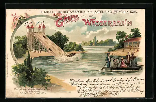 Lithographie München, II. Kraft- und Arbeitsmaschinen-Ausstellung 1898, Wasserbahn, Europäische Wasserbahn-Gesellschaft