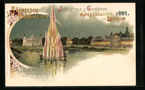 Lithographie Leipzig, Sächsisch-Thüringische Industrie- & Gewerbe-Ausstellung 1897, Hauptrestaurant u. Theater bei Nacht