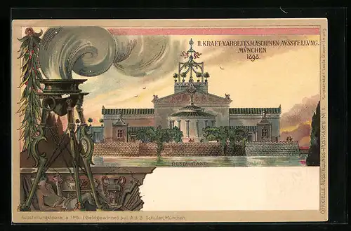 Lithographie München, II. Kraft- u. Arbeitsmaschinen-Ausstellung 1898, Restaurant, Ganzsache