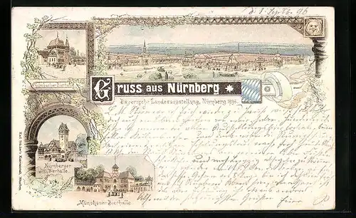 Lithographie Nürnberg, Bayerische Landesausstellung 1896, Gasthäuser Kulmbacher Bierhalle und Nürnberger Bierhalle