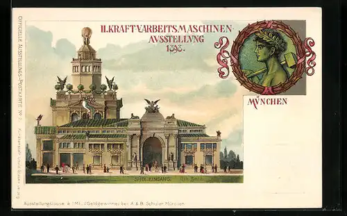 Lithographie München, II. Kraft- u. Arbeitsmaschinen-Ausstellung 1898, Südlicher Eingang, Ganzsache