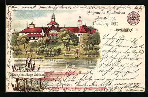Lithographie Hamburg, Allgemeine Gartenbau-Ausstellung 1897, Haupt-Ausstellungs-Gebäude