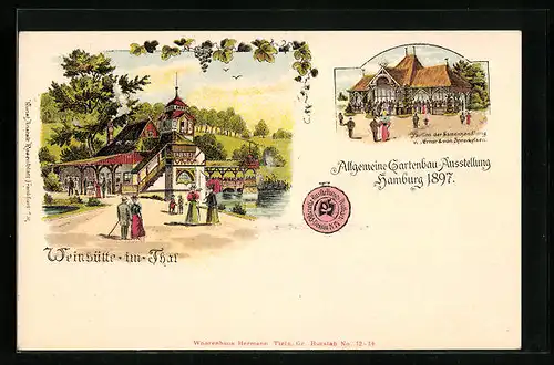 Lithographie Hamburg, Allgemeine Gartenbau-Ausstellung 1897, Gasthaus Weinhütte im Tal