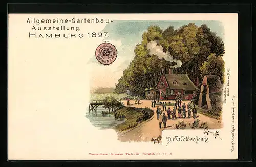 Lithographie Hamburg, Allgemeine-Gartenbau-Ausstellung 1897, Gasthaus Zur Waldschenke