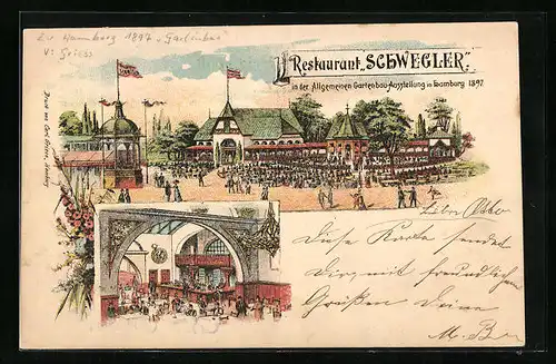 Lithographie Hamburg, Allgemeine Gartenbau-Ausstellung 1897, Restaurant Schweigler, Innenansicht