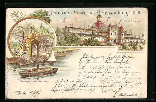 Lithographie Berlin, Berliner Gewerbe-Ausstellung 1896, Forst-Gebäude, Empfangs-Pavillon an der Spree