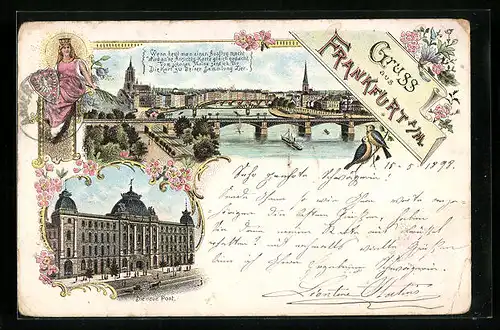 Lithographie Frankfurt a. M., Teilansicht mit Brücke, Die neue Post