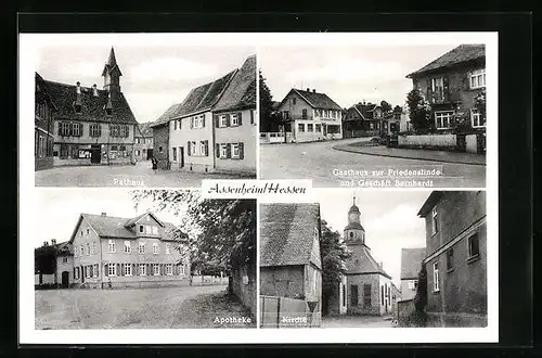 AK Assenheim /Hessen, Geschäft Bernhardt in der Bahnhofstrasse 13 und Gasthaus zur Friedenslinde, Apotheke, Kirche