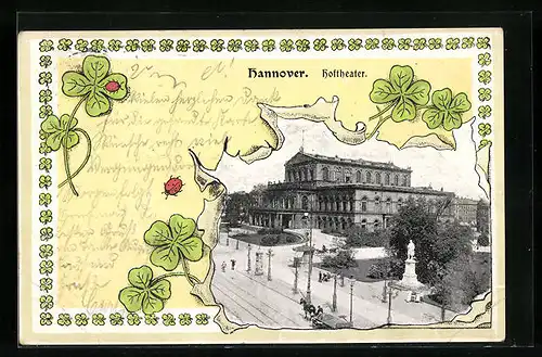 AK Hannover, Hoftheater mit Denkmal durch zerrissenes Papier, Passepartout