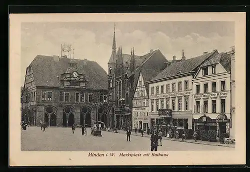 AK Minden i. W., Marktplatz mit Hotel Restaurant Stadt Hannover, Hotel Deutscher Kaiser und Rathaus