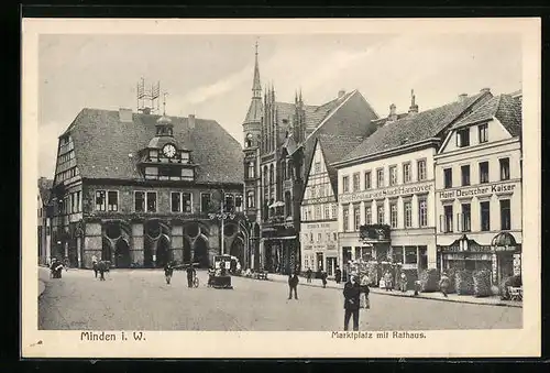 AK Minden i. W., Marktplatz mit Hotel Restaurant Stadt Hannover, Hotel Deutscher Kaiser und Rathaus